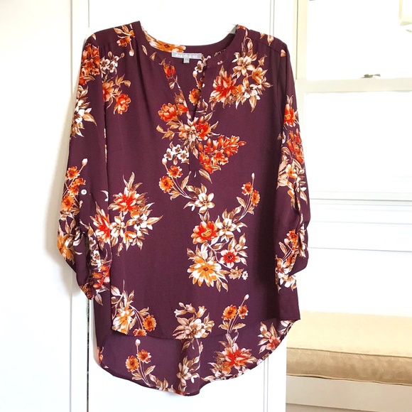 DANIEL RAINN Floral Autumn Blouse Split V-Neck Tunic Fall Top Women’s Size Large - Picture 1 of 16